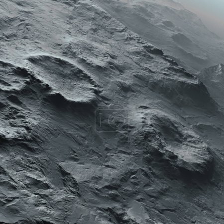 Esta imagen muestra una impresionante simulación de alta resolución del terreno lunar, capturando la complejidad de su superficie cratada y los fuertes contrastes formados por sombras y reflejos.
