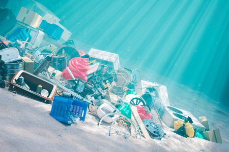 Foto de Representación submarina cautivadora de residuos dispersos que van desde plásticos hasta electrónica, mostrando la profunda cuestión de la contaminación marina y su impacto ecológico. - Imagen libre de derechos