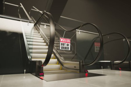 An escalator stands immobile with a prominently displayed out-of-service sign. This image depicts the intersection of modern architecture and interrupted service in a public setting.