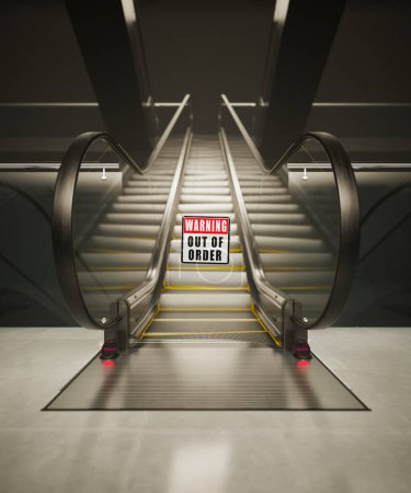 Bild zeigt eine nicht in Betrieb befindliche Rolltreppe in einem modernen Einkaufszentrum, gekennzeichnet durch Warnschilder, die städtische Wartungsprobleme und öffentliche Unannehmlichkeiten symbolisieren.