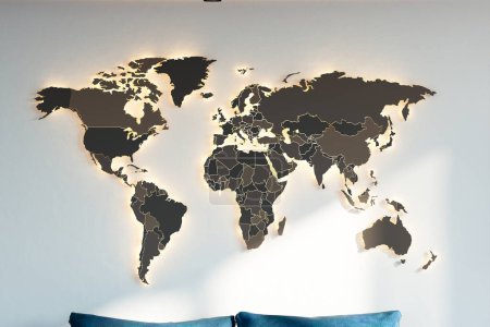 Foto de Un exquisito arte mural en 3D con un mapa del mundo en un acabado metálico, ideal para mejorar el ambiente de los espacios de vida modernos o entornos corporativos. - Imagen libre de derechos