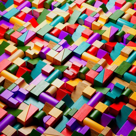 Foto de Una exhibición visualmente estimulante de bloques de madera coloridos dispuestos en un patrón geométrico, perfecto para ilustrar temas relacionados con el juego, la educación y la creatividad. - Imagen libre de derechos