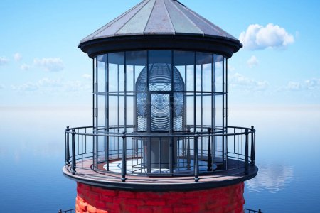Photo for A towering red brick lighthouse stands as a silent sentinel, its beacon encased in glass, guarding over a serene sea under a vast, blue sky dotted with a solitary cloud. - Royalty Free Image