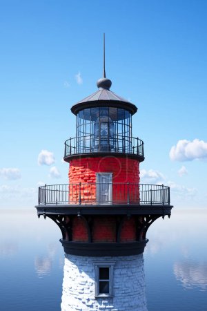 Téléchargez les photos : Cette image capture le contraste saisissant d'un phare rouge et blanc dominant une mer calme contre un ciel bleu clair, servant de balise de navigation et de sécurité.. - en image libre de droit