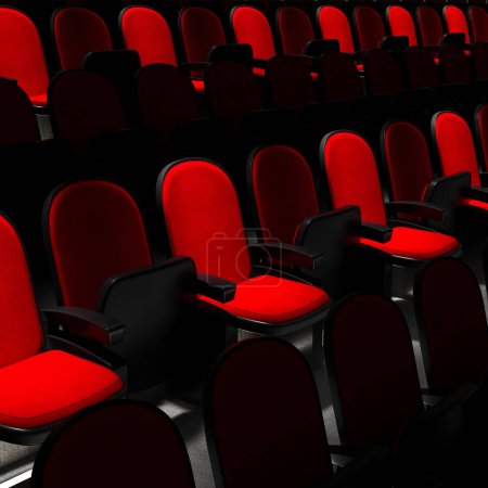 Foto de Esta imagen captura una serie de lujosos asientos de cine de terciopelo rojo perfectamente alineados en el ambiente tenue de un cine vacío, lo que evoca una sensación de anticipación y la tranquilidad antes de una proyección de cine. - Imagen libre de derechos