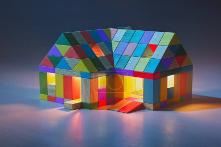 Foto de Ilustrada contra un gradiente ombr, esta imagen captura un arreglo lúdico de bloques de madera coloridos elaborados expertamente en una forma de casa, que simboliza la creatividad y el aprendizaje. - Imagen libre de derechos