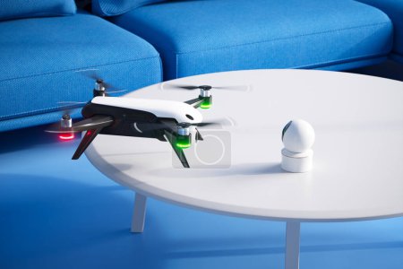 Photo for A state-of-the-art drone with illuminated indicators beside a high-definition webcam, both arrayed neatly on a white surface, presenting a blend of leisure and surveillance tech. - Royalty Free Image