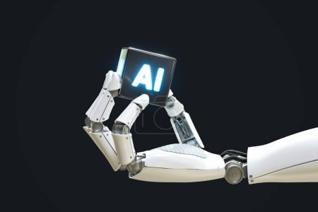 Ein visuell fesselndes und konzeptgetriebenes Foto, das einen Roboterarm zeigt, der ein leuchtendes KI-Plakat sicher in der Hand hält, symbolisiert den Vormarsch der maschinellen Intelligenz und Technologie in einem krassen.