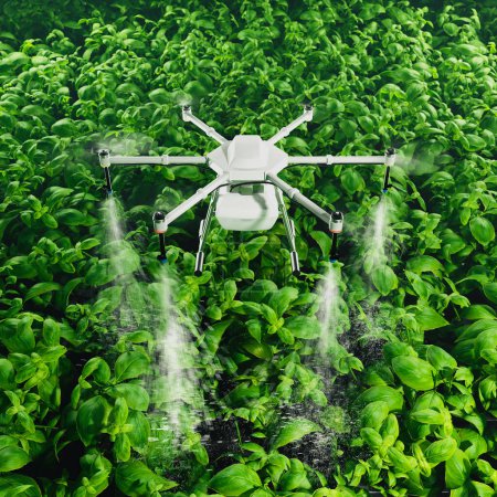 Eine High-Tech-Drohne fliegt über üppige Nutzpflanzen und verteilt Pestizide oder Nährstoffe - ein Beispiel für moderne Präzisionslandwirtschaft für verbessertes Pflanzenmanagement und Ertragsoptimierung.