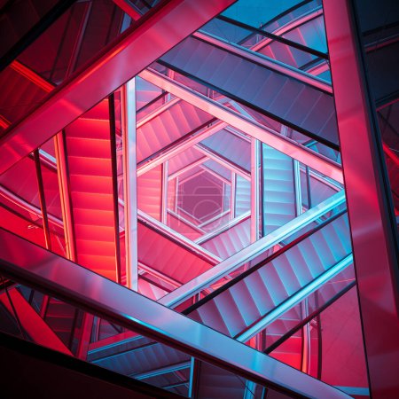Foto de Una cautivadora muestra de arquitectura moderna bañada en vívidas luces rojas y azules, mostrando una compleja disposición de formas geométricas y líneas simétricas. - Imagen libre de derechos