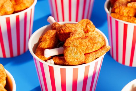 Photo for Tempting image displaying an array of succulent deep-fried chicken pieces presented in eye-catching red and white striped buckets, set against a vivid blue backdrop. - Royalty Free Image
