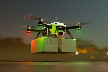 Detaillierte Ansicht einer autonomen Drohne im Flug in der Abenddämmerung, leuchtende LEDs, während sie nahtlos eine Paketzustellung ausführt, die den neuesten Stand der Logistik- und E-Commerce-Lösungen repräsentiert.