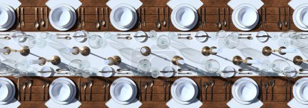 Foto de Un arreglo de mesa impecable con platos blancos prístinos, cubiertos de plata y copas de vino de cristal, todo sobre un rico telón de fondo de madera, lo que insinúa una fiesta de lujo o una cena celebratoria. - Imagen libre de derechos