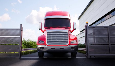 Striking image of a vibrant red semi truck parked at a loading dock, sunlight highlighting its silver details, with a clear blue sky backdrop, illustrating commercial transport.