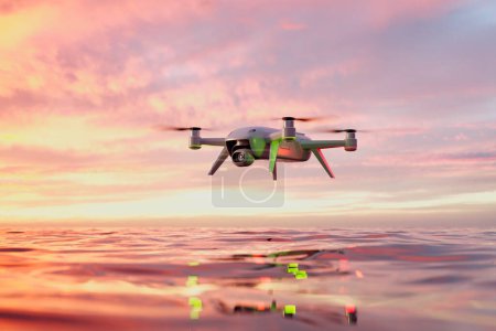 Photo for Captivating aerial shot features a drone flying over still waters, perfectly mirroring the rich colors of the sunset sky, with a serene and technology-infused landscape. - Royalty Free Image
