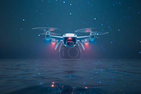 Photo for An advanced drone equipped with bright LEDs hovers above a serene water scene at dusk, showcasing the intersection of modern technology and peaceful natural environments. - Royalty Free Image
