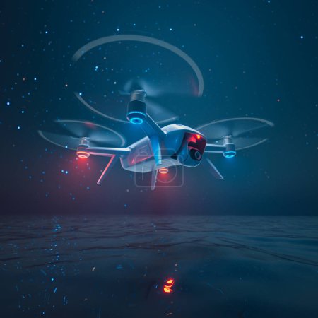 Un dron de alta tecnología vuela sobre el tranquilo mar iluminado por la luna al atardecer, mostrando su diseño iluminado con el telón de fondo de un cielo estrellado, ejemplificando la fusión de tecnología y naturaleza.