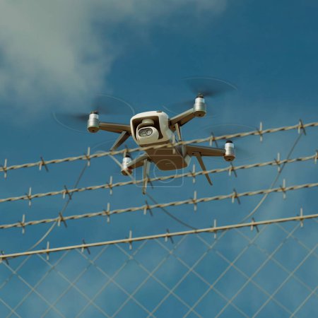 Téléchargez les photos : Drone quadcopter avancé avec caméra haute résolution planant près d'une clôture de fil barbelé sécurisée contre un ciel clair, ce qui implique une surveillance intensive et des mesures de sécurité de haut niveau. - en image libre de droit