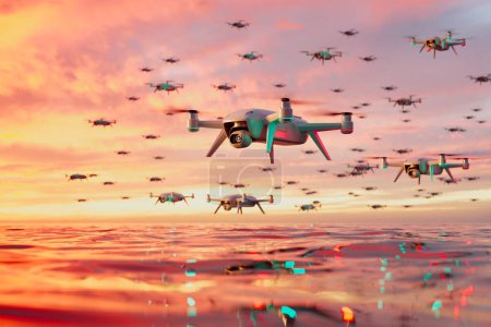 Photo for A squadron of unmanned aerial vehicles elegantly skirts the water's reflective surface, captured in the warm, fading light of a tranquil sunset. - Royalty Free Image