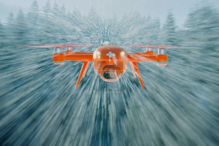 Téléchargez les photos : Vue captivante d'un drone rouge vif avec flou dynamique volant au-dessus d'une forêt de pins d'hiver sereine, incarnant la fusion de la technologie de pointe et du monde naturel. - en image libre de droit
