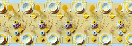 Foto de Mesa de gala elegantemente establecida adornada con un esquema de color amarillo vivo, con rosquillas acristaladas, regalos envueltos y cristalería de moda, que encapsula la esencia de la alegría festiva. - Imagen libre de derechos