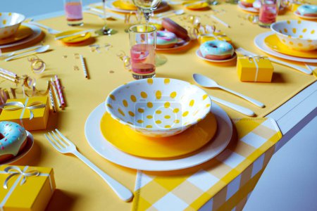 Foto de Un acogedor escenario de mesa adornado con cubiertos dorados, vajilla amarilla, adornado con lunares y regalos reflexivos, esperando una alegre fiesta en abundancia. - Imagen libre de derechos