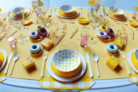 Ein auffälliges Feier-Arrangement besteht aus einem festlichen Tisch mit gelben Tellern, gepunkteten Mustern, verschiedenen Donuts und fröhlichen Dekorationen auf einer koordinierenden gelben Tischdecke..