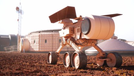 Illustration numérique avancée d'un rover Mars à énergie solaire naviguant sur le terrain accidenté de la planète rouge, présentant une technologie d'exploration spatiale futuriste.
