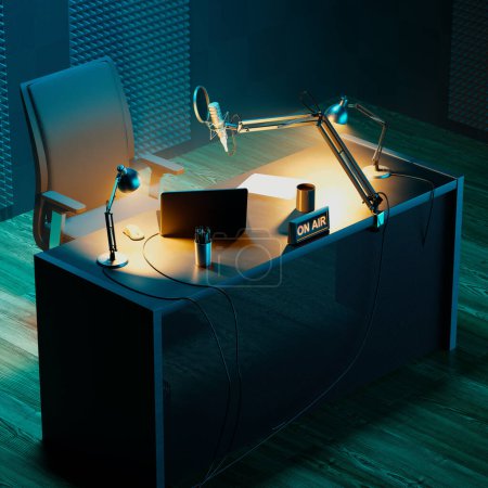 Una configuración de estudio de grabación de podcast de lujo capturada por la noche, que muestra equipos de alta gama: un micrófono de condensador, una computadora portátil elegante, una lámpara de escritorio brillante y un vibrante letrero 'On Air' en medio de paneles de espuma.