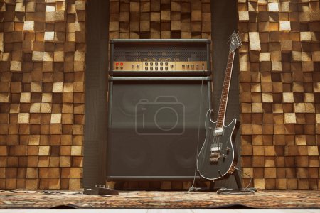 An elegantly crafted electric guitar rests against a robust speaker amplifier within a professionally outfitted studio room, accented by wooden acoustic paneling.