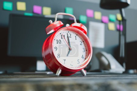 Photo for Close-up view of a bright red analog alarm clock surrounded by office supplies, embodying efficient time management and deadline adherence in a corporate setting. - Royalty Free Image