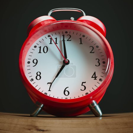 Photo for An eye-catching red alarm clock with a timeless design, prominently displaying 10:08 against a moody, dark backdrop, evoking a sense of urgency and the passage of time. - Royalty Free Image