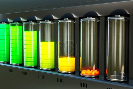 A meticulous display of lab test tubes filled with vivid chemical solutions in a sterile scientific research environment, symbolizing innovation and experimentation.