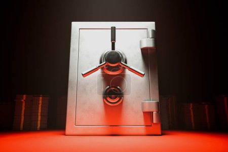A stark image portraying a robust combination lock safe set against an arresting crimson background, symbolizing impenetrable security and the safeguarding of valuable assets.