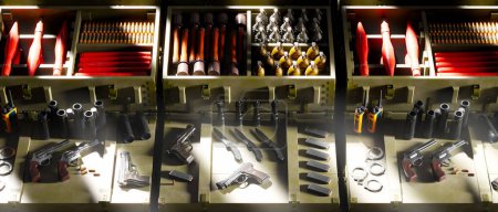 Photo for Close-up view of a storage locker filled with an array of ammunition, multiple handguns, and various firearms accessories, securely organized for quick access. - Royalty Free Image