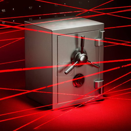 Una caja fuerte de acero ultra segura protegida por una sofisticada red láser roja, diseñada para una defensa impenetrable contra el acceso no autorizado en un entorno altamente monitoreado.