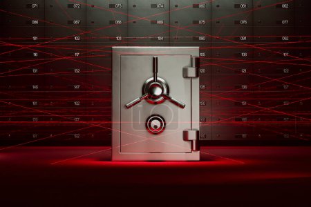 An impenetrable steel safe encompassed by a sophisticated red laser grid, symbolizing the pinnacle of secure storage for sensitive and valuable items.