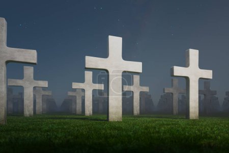 Photo for Dusk settles on a peaceful cemetery, casting a serene glow over aligned stone crosses amid the verdant lawn, invoking reflections of life, death, and remembrance. - Royalty Free Image
