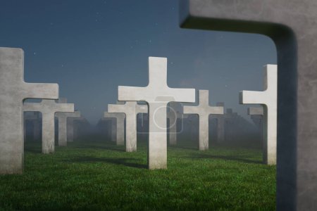 Foto de Una fascinante escena crepuscular cubre un tranquilo cementerio, donde lápidas en forma de cruz se elevan a través de la niebla, encarnando una conmovedora mezcla de recuerdo y quietud eterna. - Imagen libre de derechos