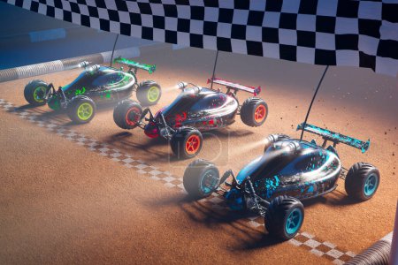 Photo for A thrilling scene unfolds as miniature remote control cars kick up dust in a high-stakes race, jostling for position to triumphantly cross the checkered finish. - Royalty Free Image
