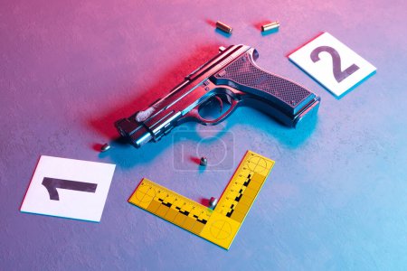 A meticulously arranged crime scene simulation featuring a handgun, scattered bullet casings, and methodically placed evidence markers under a harsh, investigative light.