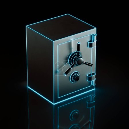 Striking image of a high-security safe adorned with neon lights, depicting cutting-edge protection technology in a mysterious, dark setting.