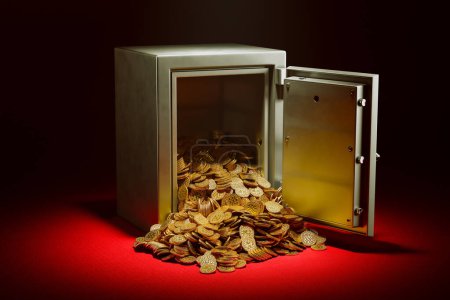 Una imagen visualmente impactante de una caja fuerte de acero sin sellar repleta de monedas de oro lustrosas que caen en cascada sobre un lujoso tejido rojo, que personifica la opulencia y garantiza la seguridad financiera.