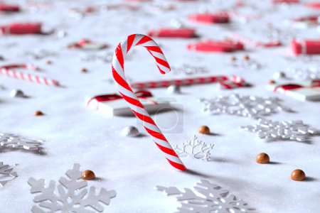 Photo for Close-up view of a striking red and white candy cane nestled among glittering Christmas ornaments and gifts against a snowy backdrop, symbolizing holiday cheer. - Royalty Free Image