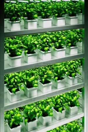 Ein hydroponischer Indoor-Bauernhof auf dem neuesten Stand der Technik mit vertikal gestapelten Regalen, die von LED-Leuchten hell beleuchtet werden und das Pflanzenwachstum in einer bodenlosen Anbauumgebung optimieren.