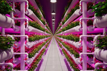 Photo for This high-tech hydroponic farm displays rows of vibrant plants under energy-efficient LED lights for sustainable agriculture in an urban environment. - Royalty Free Image