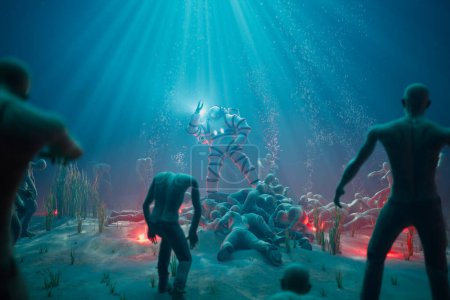 Foto de Un astronauta emprende un viaje surrealista bajo la superficie, descubriendo misteriosas estatuas en las profundidades, con rayos de luz bailando a través del agua. - Imagen libre de derechos