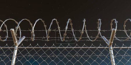 Photo for Dramatic view of a silhouetted barbed wire fence casting a stark figure against the vastness of a star-filled night sky, evoking feelings of confinement amidst the infinite. - Royalty Free Image