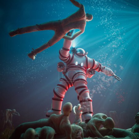 Ein Astronaut treibt im Abgrund des Ozeans, inmitten rätselhafter humanoider Formen und strahlender Strahlen, die die tiefen geheimnisvollen Tiefen der Unterwasserwelt erleuchten.