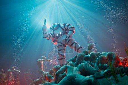 This astonishing underwater tableau features an astronaut encountering peculiar humanoid figures amid the vast ocean's depths, illuminated by celestial light streams.
